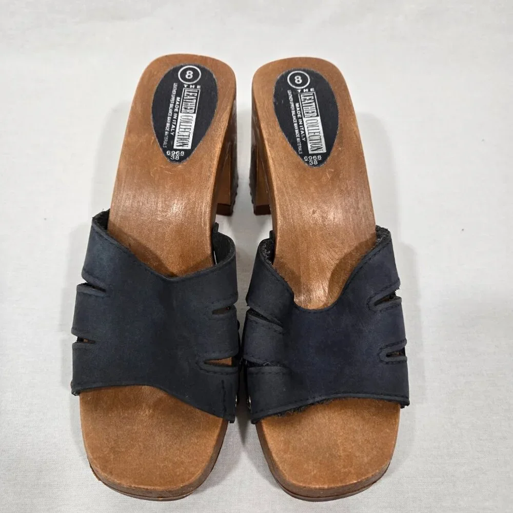 Vintage THE LEATHER COLLECTION Blue Leather Chunky Heels Platform Sandals Size 8 - Picture 4 of 17
